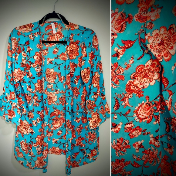 Xhilaration Sweaters - Teal and coral floral sheer kimono cardigan